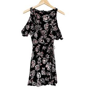 Angie Black Floral Cold Shoulder Wrap Dress Sz M